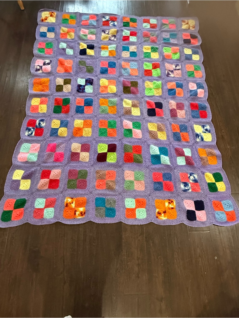 Vintage 70’s Handmade Crochet Lavender Granny Square Blanket 87L”X 63W” Boho EUC